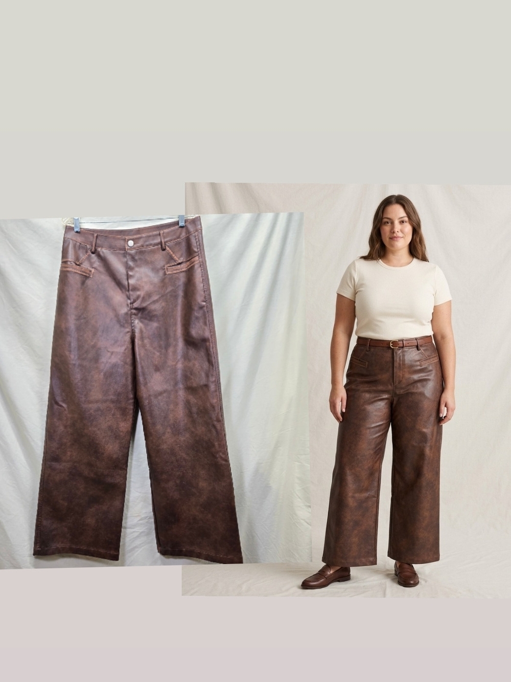 Wide-Leg Brown Faux Leather Pants Women's Size XL